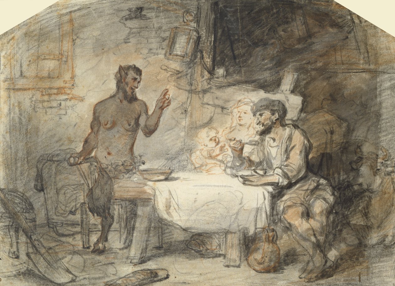 Satyr i Chłop (pióro i pędzel na papierze) autorstwa Gerbrand van den Eeckhout