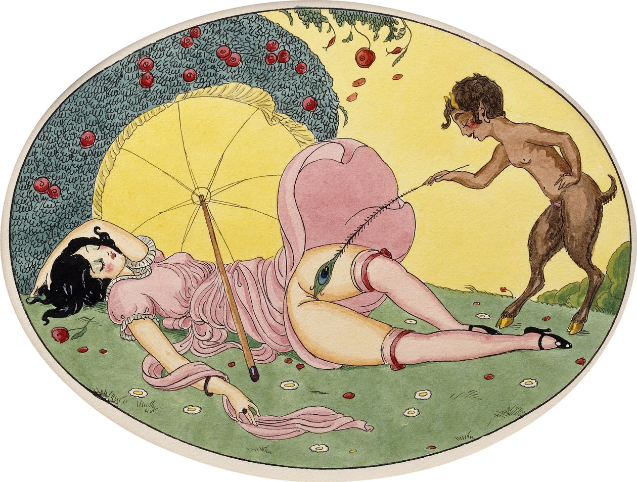 Satyr i młoda dziewczyna, ok. 1917 (czarny tusz i akwarela na owalnej karcie, oprawiona) autorstwa Gerda Marie Frederike Wegener