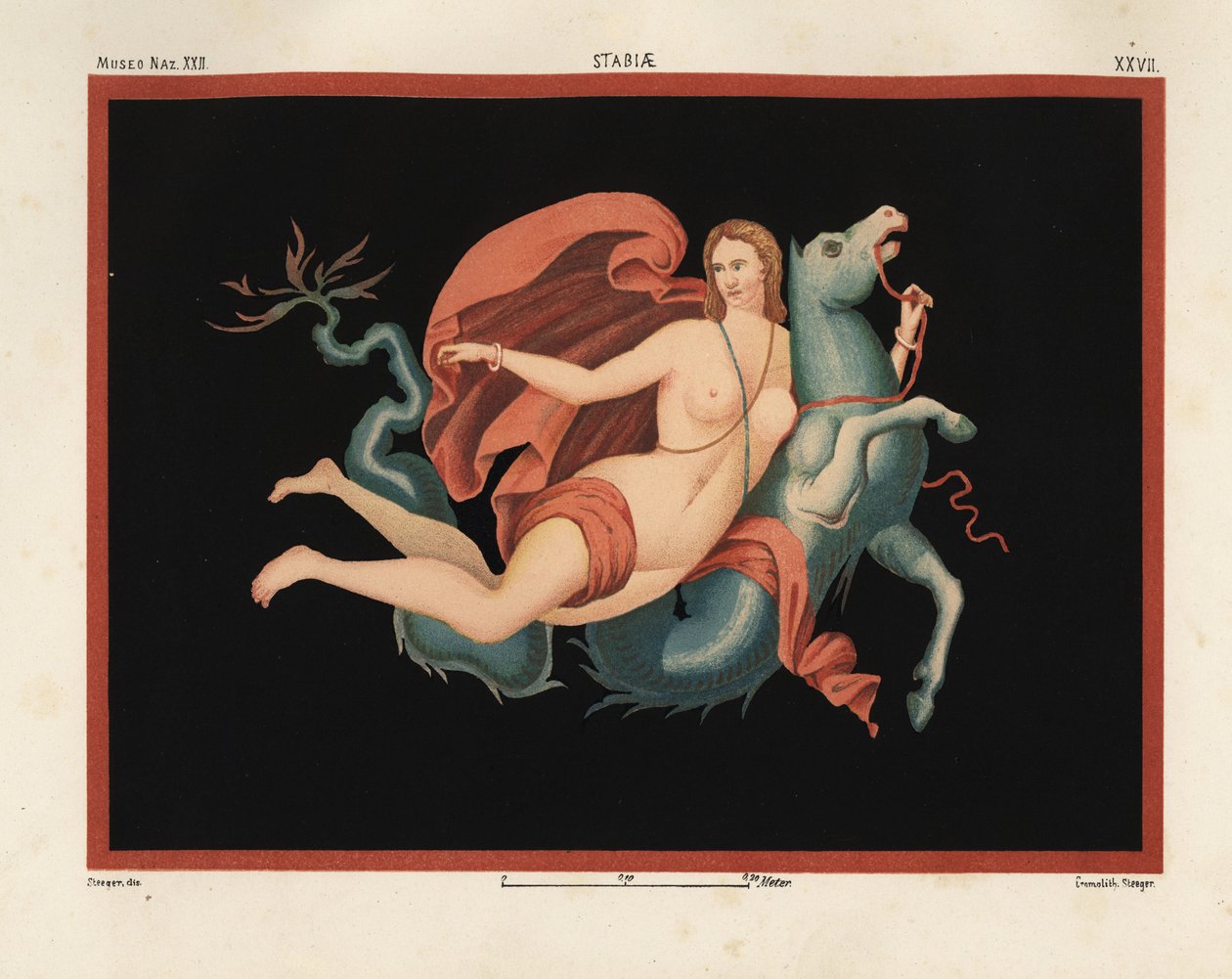 Nereida (nimfa morska) w płaszczu i bransoletkach jadąca na potworze morskim lub hipokampie, pół koniem, pół rybą. Muzeum Naza. XXII, Stabiae. Rysowane i chromolitografowane przez Victora Steegera z Emile Presuhn (1844-1878) Najpiękniejsze obrazy Pompejów, autorstwa Geremia Discanno