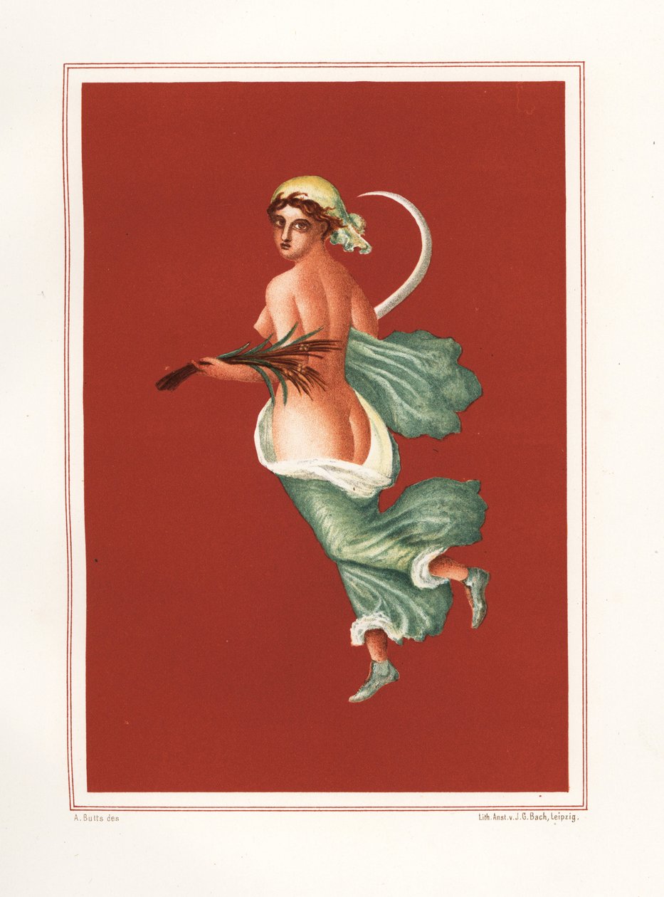 Alegoryczne malowidło ścienne przedstawiające lato ze wschodu atrium Regio IX.V.11. Ona niesie sierp i pszenicę. Chromolitografia Victora Steegera na podstawie ilustracji Geremii Discanno z Emile Presuhn (1844-1878) Najpiękniejsze obrazy Po autorstwa Geremia Discanno