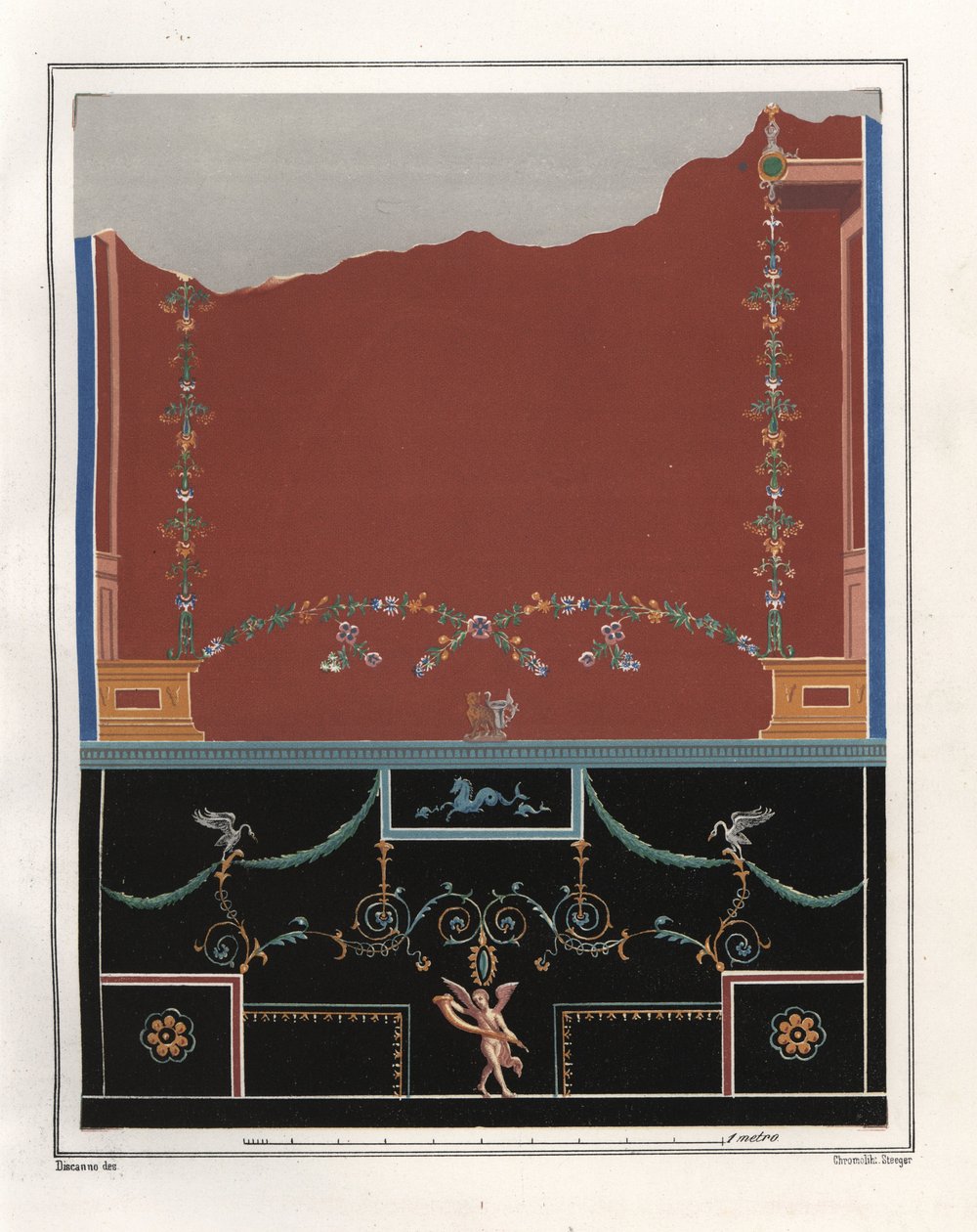 Mural z atrium w Domu Tryptolemusa. VI, Ins. VII, nr 18. Chromolitografia Victora Steegera według ilustracji Geremii Discanno z Emile Presuhn (1844-1878) Najpiękniejsze obrazy Pompejów, Lipsk autorstwa Geremia Discanno