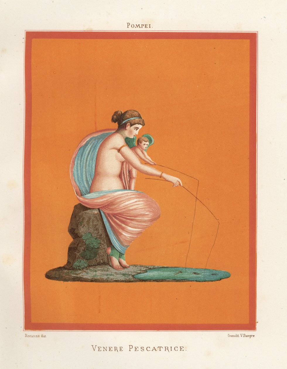 Mural przedstawiający Wenus i Kupidyna łowiącego ryby na wędkę ze stawu. Znaleziono w Regio V.V.3, Domu Gladiatorów. Chromolitografia Victora Steegera na podstawie ilustracji Geremii Discanno z Emile Presuhn (1844-1878) Najpiękniejsze obrazy Pompejów, autorstwa Geremia Discanno
