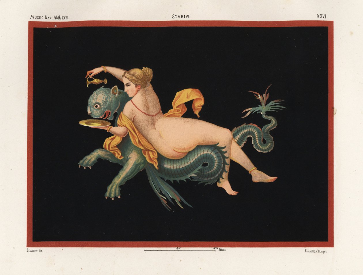Nimfa morska Nereidy wspierana przez potwora, pół panterę i pół rybę. Muzeum Naza. XXII, Stabiae. Chromolitografia Victora Steegera na podstawie ilustracji Geremii Discanno z Emile Presuhn (1844-1878) Najpiękniejsze obrazy Pompejów, Lipsk autorstwa Geremia Discanno