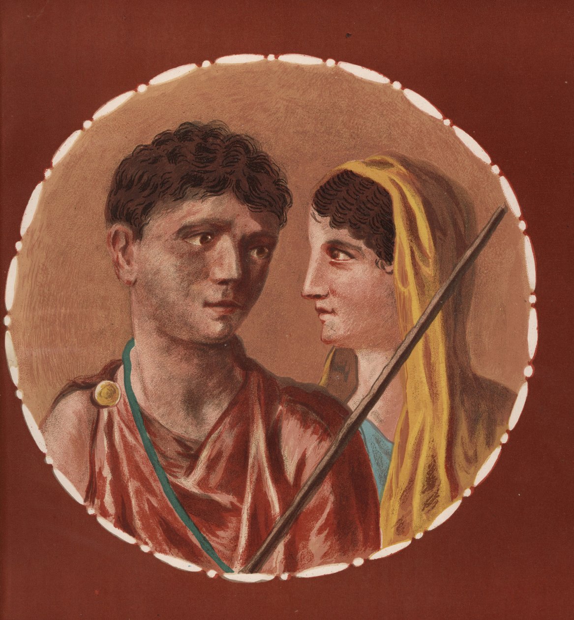 Portret mężczyzny i kobiety z niezidentyfikowanego domu w Pompejach. Chromolitografia Victora Steegera na podstawie ilustracji Geremii Discanno z Emile Presuhn (1844-1878) Najpiękniejsze obrazy Pompejów, Lipsk autorstwa Geremia Discanno