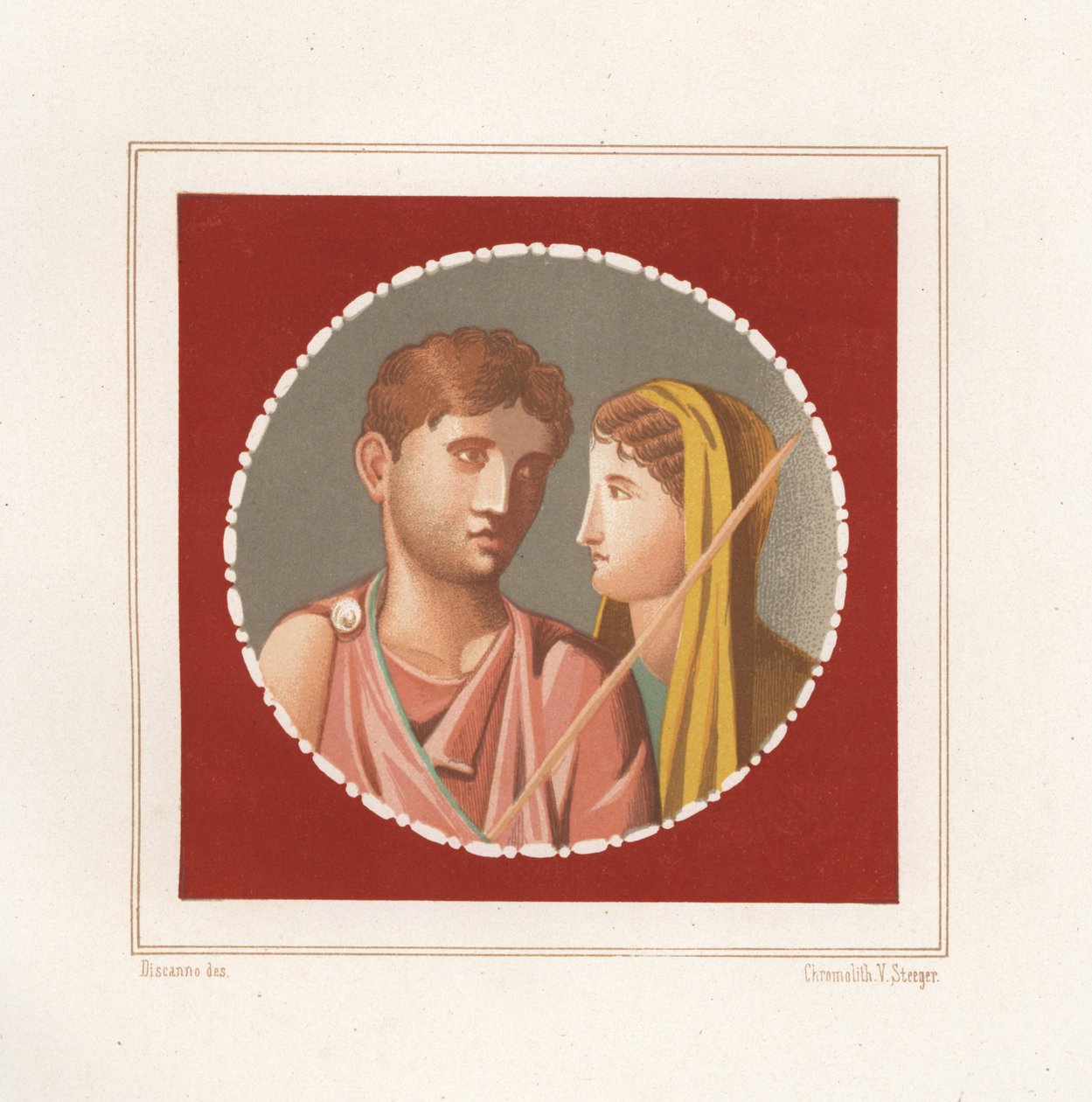 Portret mężczyzny i kobiety z niezidentyfikowanego domu w Pompejach. Chromolitografia Victora Steegera na podstawie ilustracji Geremii Discanno z Emile Presuhn (1844-1878) Najpiękniejsze obrazy Pompejów, Lipsk autorstwa Geremia Discanno