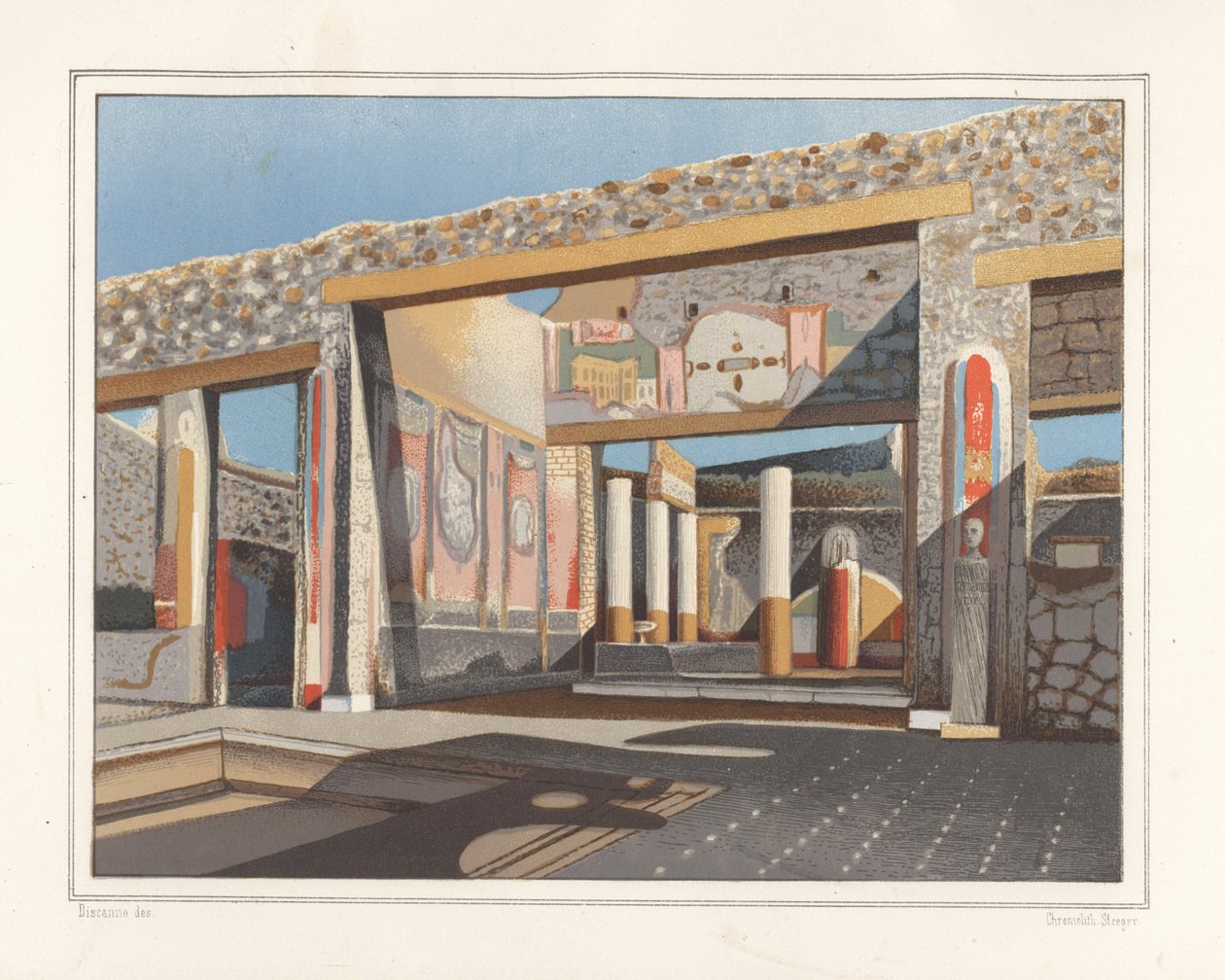Widok na tablinum, pomieszczenie przy atrium, w domu bankiera Luciusa Caecilisa Iucundusa, Reg V, Ins 1, 26. Chromolitografia Victora Steegera na podstawie ilustracji Geremii Discanno z Emile Presuhn (1844-1878) Najpiękniejsze Obrazy z autorstwa Geremia Discanno