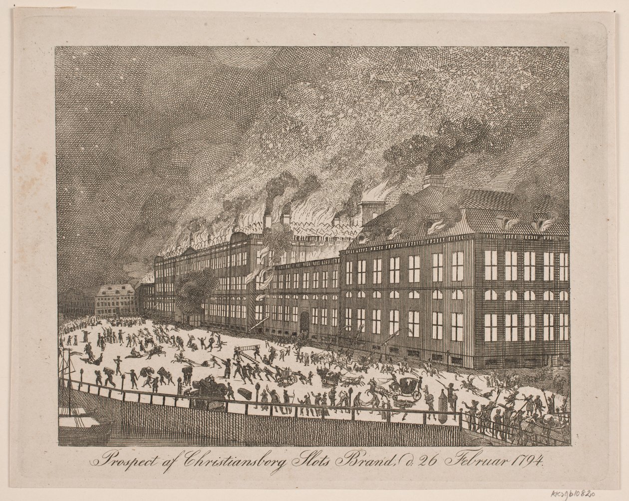 Prospekt dotyczący pożaru zamku Christiansborg w dniu 26 lutego 1794 r. autorstwa Gerhard Ludvig Lahde