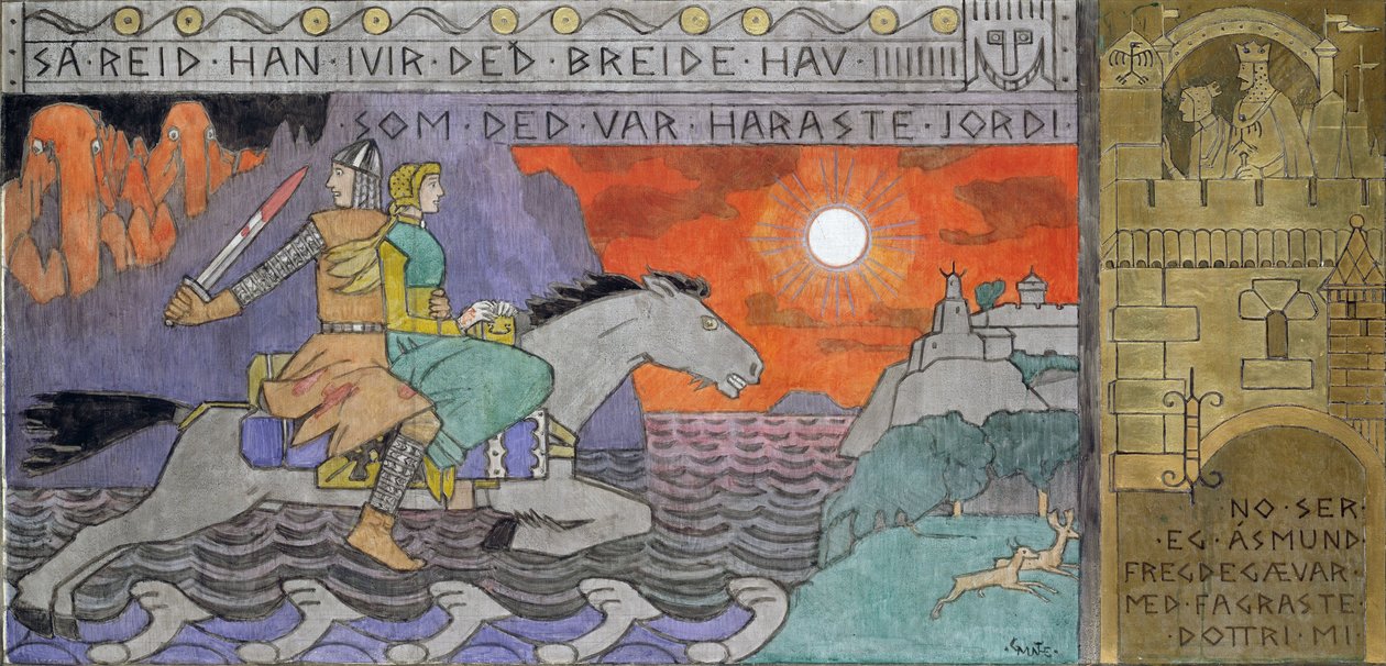 Asmund i księżniczka jadą do domu - Munthe, Gerhard (1849-1929) - 1902-1904 - Olej na płótnie - 62x126,5 - Narodowe Muzeum Sztuki, Oslo autorstwa Gerhard Peter Frantz Vilhelm Munthe