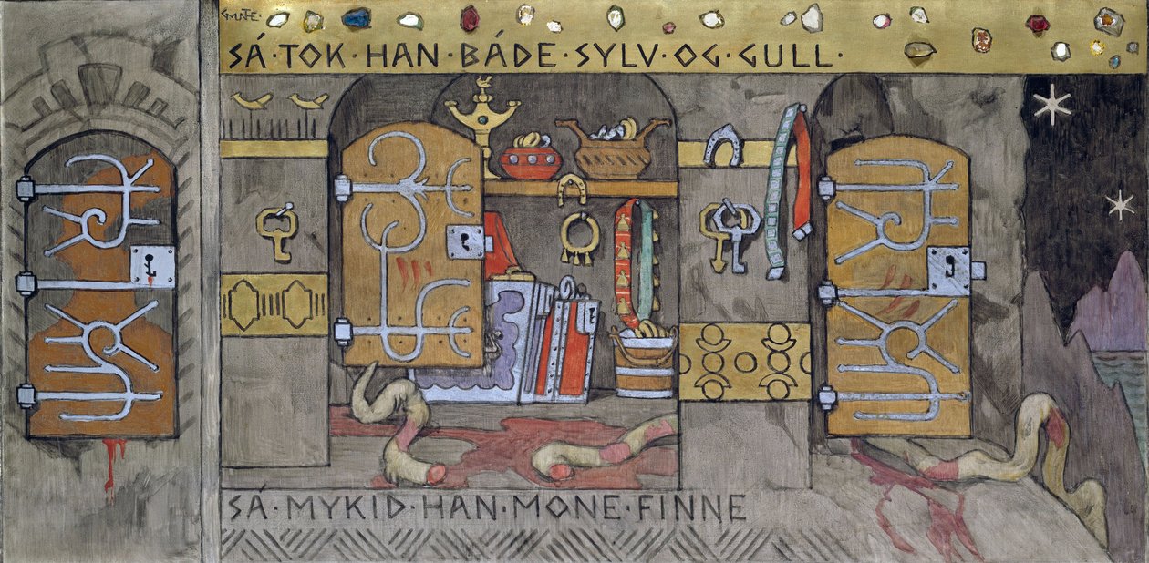 Asmund przynosi do domu srebro i złoto - Munthe, Gerhard (1849-1929) - 1902-1904 - Olej na płótnie - 62x122 - Narodowe Muzeum Sztuki, Oslo autorstwa Gerhard Peter Frantz Vilhelm Munthe