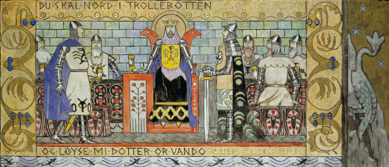 Asmund w Sali Króla - Munthe, Gerhard (1849-1929) - 1902-1904 - Olej na płótnie - 62,5x142,5 - Narodowe Muzeum Sztuki, Oslo autorstwa Gerhard Peter Frantz Vilhelm Munthe