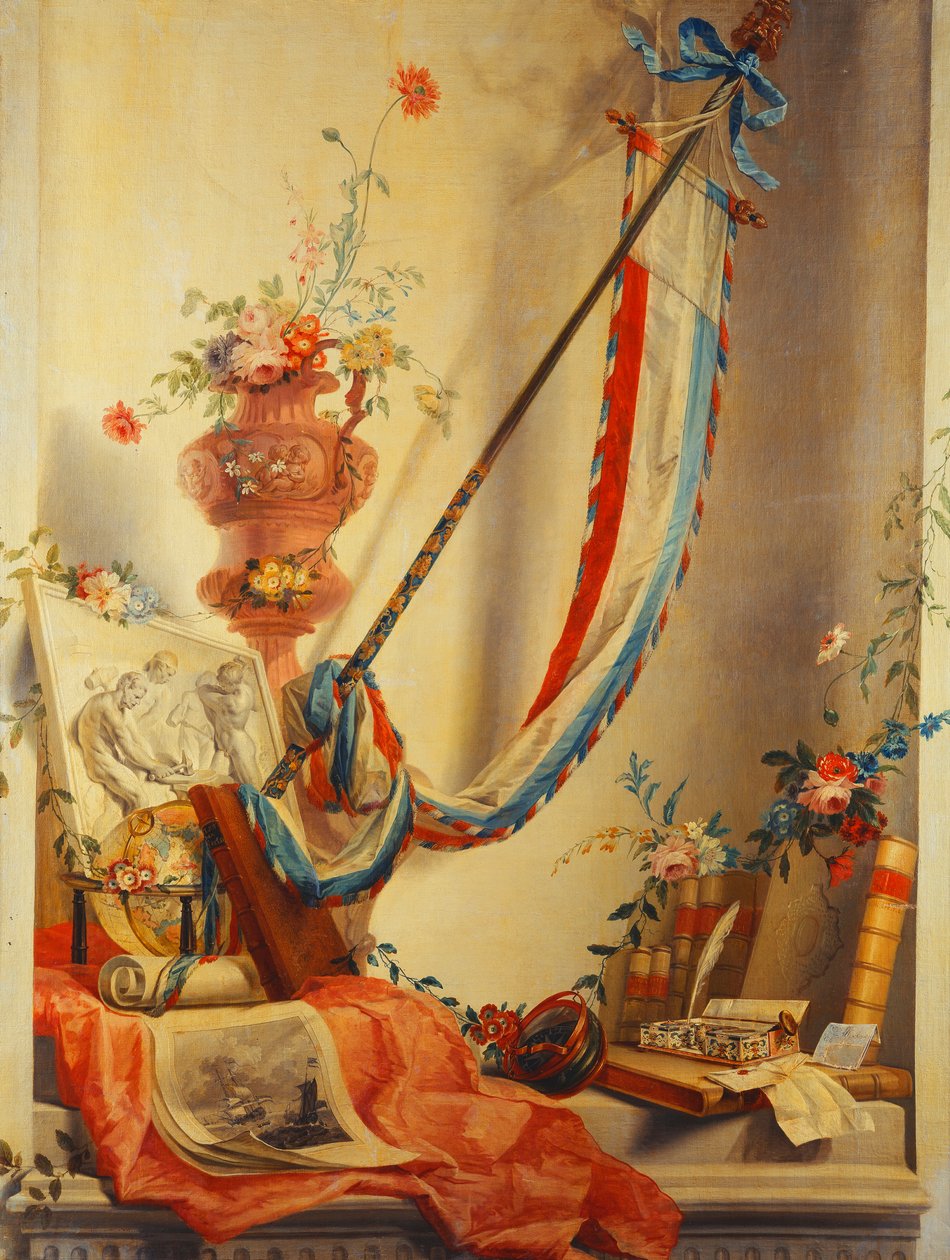 Sztandar, kwiaty w urnie, płaskorzeźba, globus, grafika, kompas, zestaw piśmienniczy, listy i Atlas Blaeu w niszy autorstwa Gerke Jans de Jager