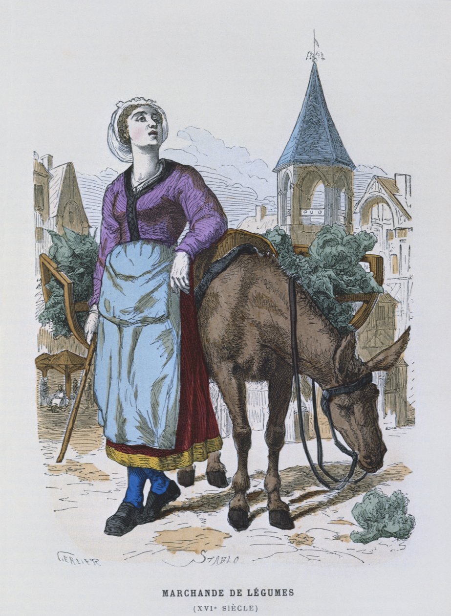 Sprzedawca warzyw w XVI wieku, z „costumes de Paris a travers les siecles” autorstwa Gerlier