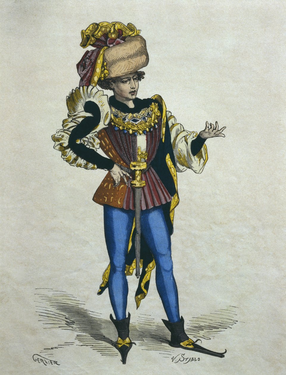 Młody elegancki mężczyzna w 1480 r., ilustracja z „Costumes de Paris a travers les siecles” H. Gourdona de Genouillac, sztychowana przez Stabla (XIX w.) (kolorystyka) autorstwa Gerlier