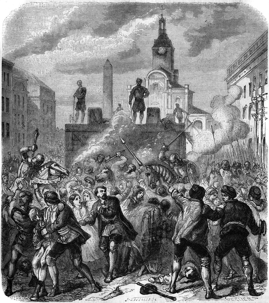 Rozlew krwi w Sztokholmie, masakry szwedzkich przywódców narodowego ruchu oporu zlecone przez króla Danii Chrystiana II, 8 listopada 1520 r.: armia próbuje uspokoić gniew ludności, zmuszonej do oglądania egzekucji. Grawerowanie Gerlier autorstwa Gerlier Gerlier