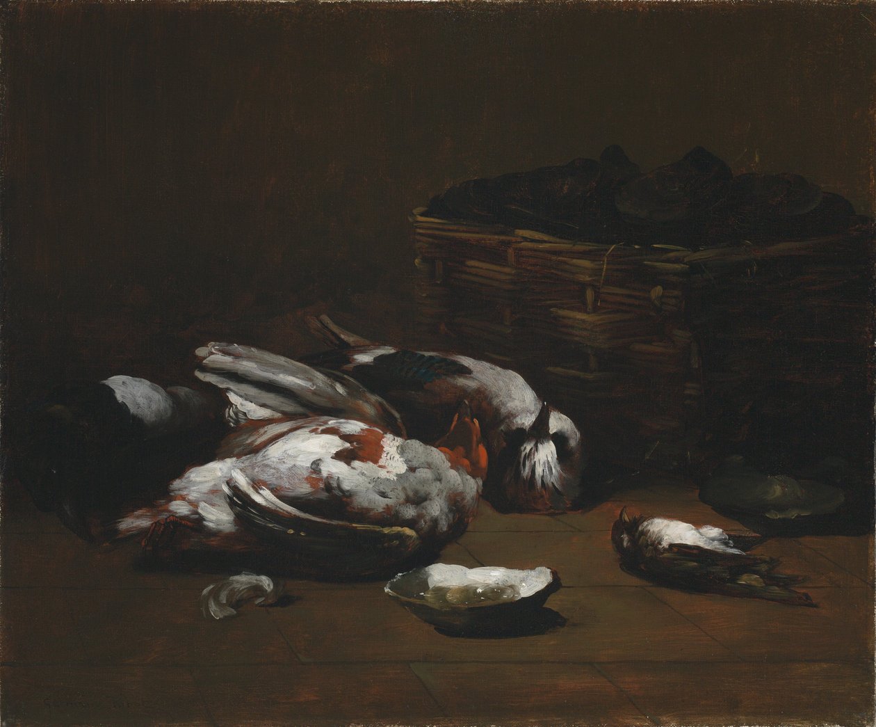 Martwa natura z martwymi ptakami i koszem ostryg, ok. 1860-1880 (olej na tkaninie) autorstwa Germain Ribot