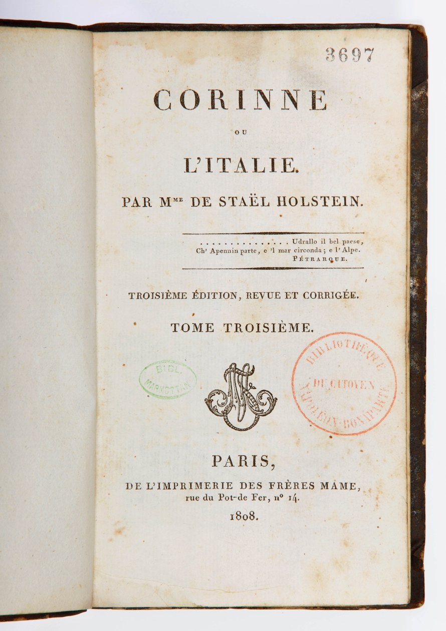 Strona tytułowa Corinne ou lItalie, wydanie trzecie poprawione i rozszerzone, tom trzeci, Imprimerie des Freres Mame, Paryż, 1808 (papier zadrukowany) autorstwa Germaine de Stael