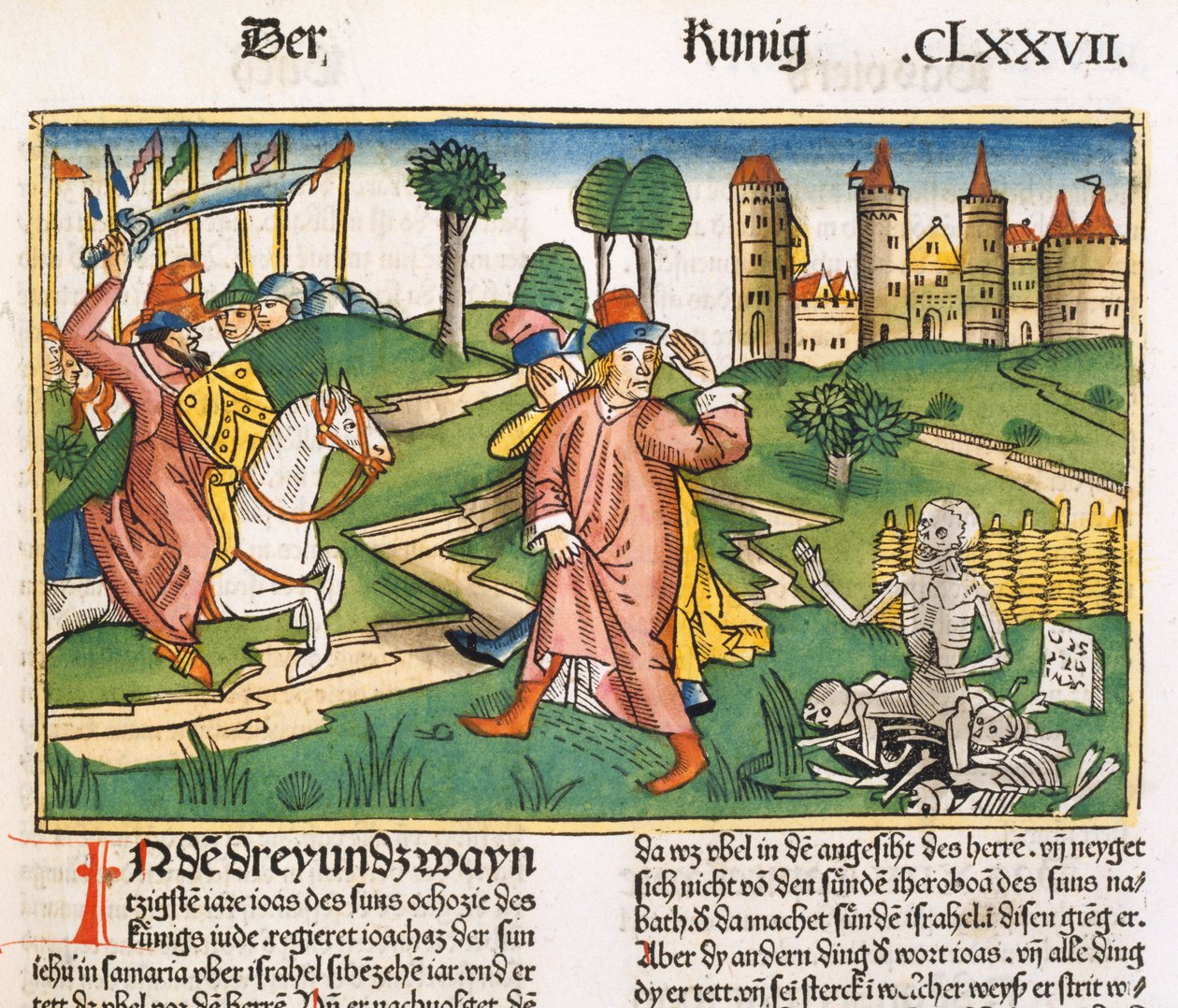 2 Królów 13 21 Cud grobu Elizeusza, z Biblii Norymberskiej (Biblia Sacra Germanica) (kolorowy drzeworyt) autorstwa German School