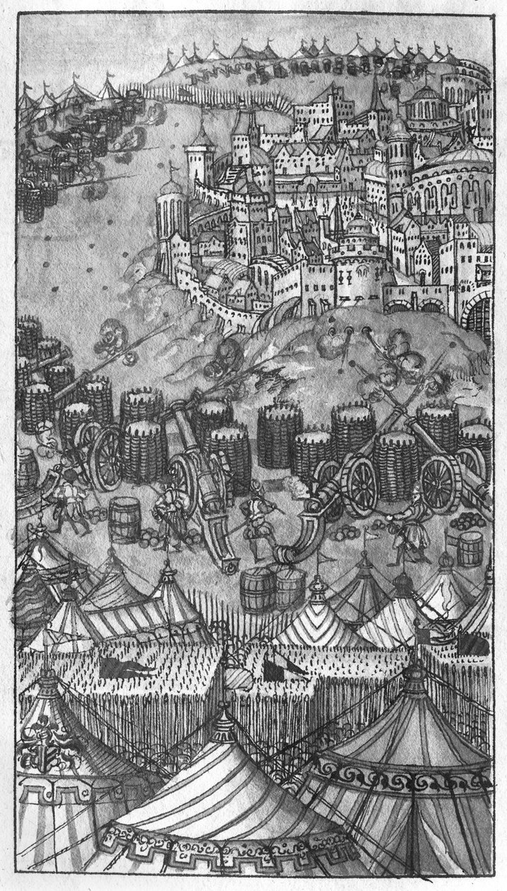 Atak na ufortyfikowane miasto, ilustracja z książki "Sztuka artylerii" Wolffa de Senftenberga, koniec XVI wieku (ołówek i wc na papierze) autorstwa German School