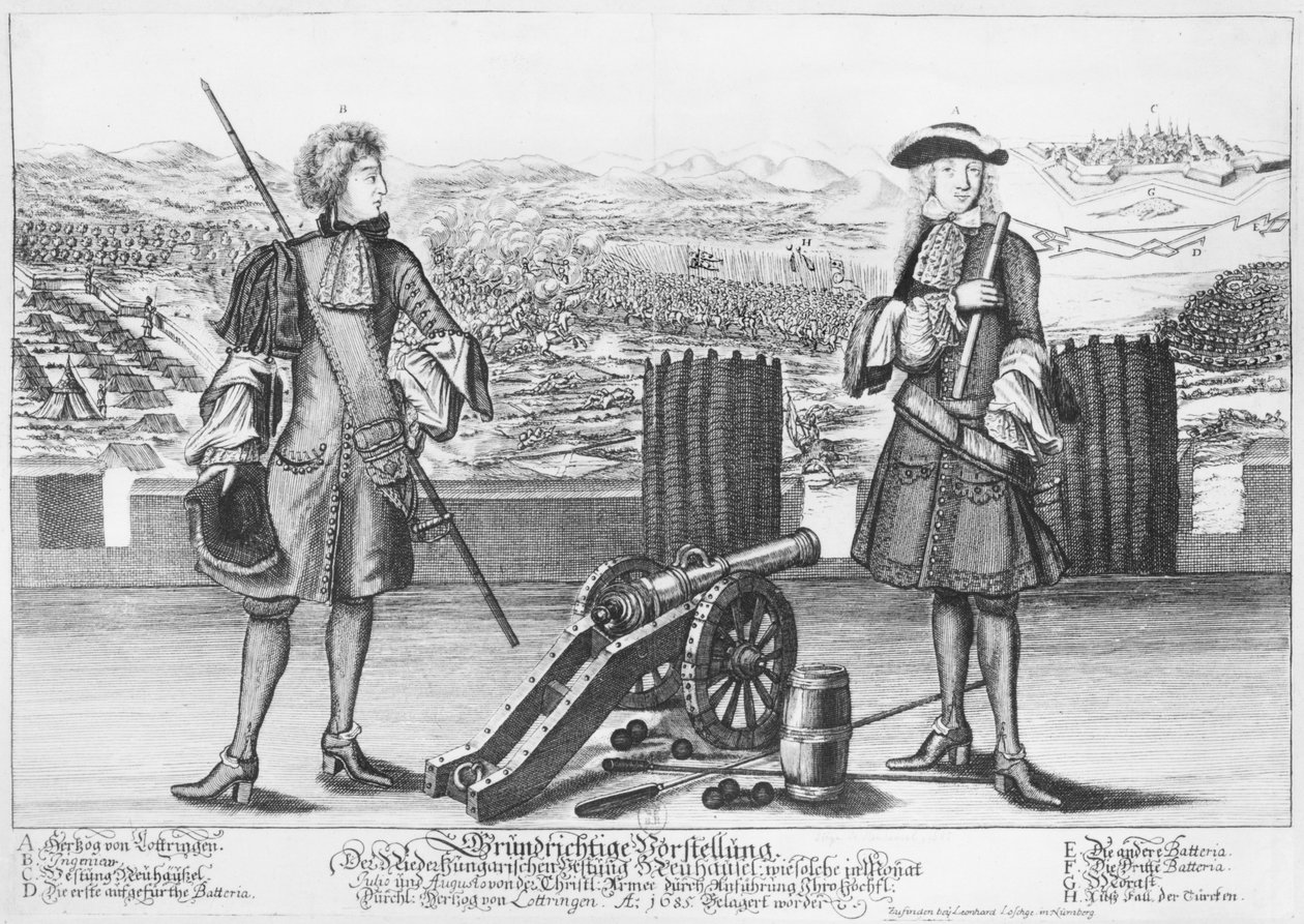 Karol V, książę Lotaryngii i Baru, wraz z inżynierem w bitwie pod Neuhausel przeciwko Turkom w lipcu i sierpniu 1685 autorstwa German School