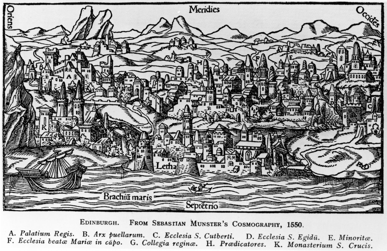 Edynburg, ilustracja z „Cosmographia” Sebastiana Munstera, 1550 autorstwa German School