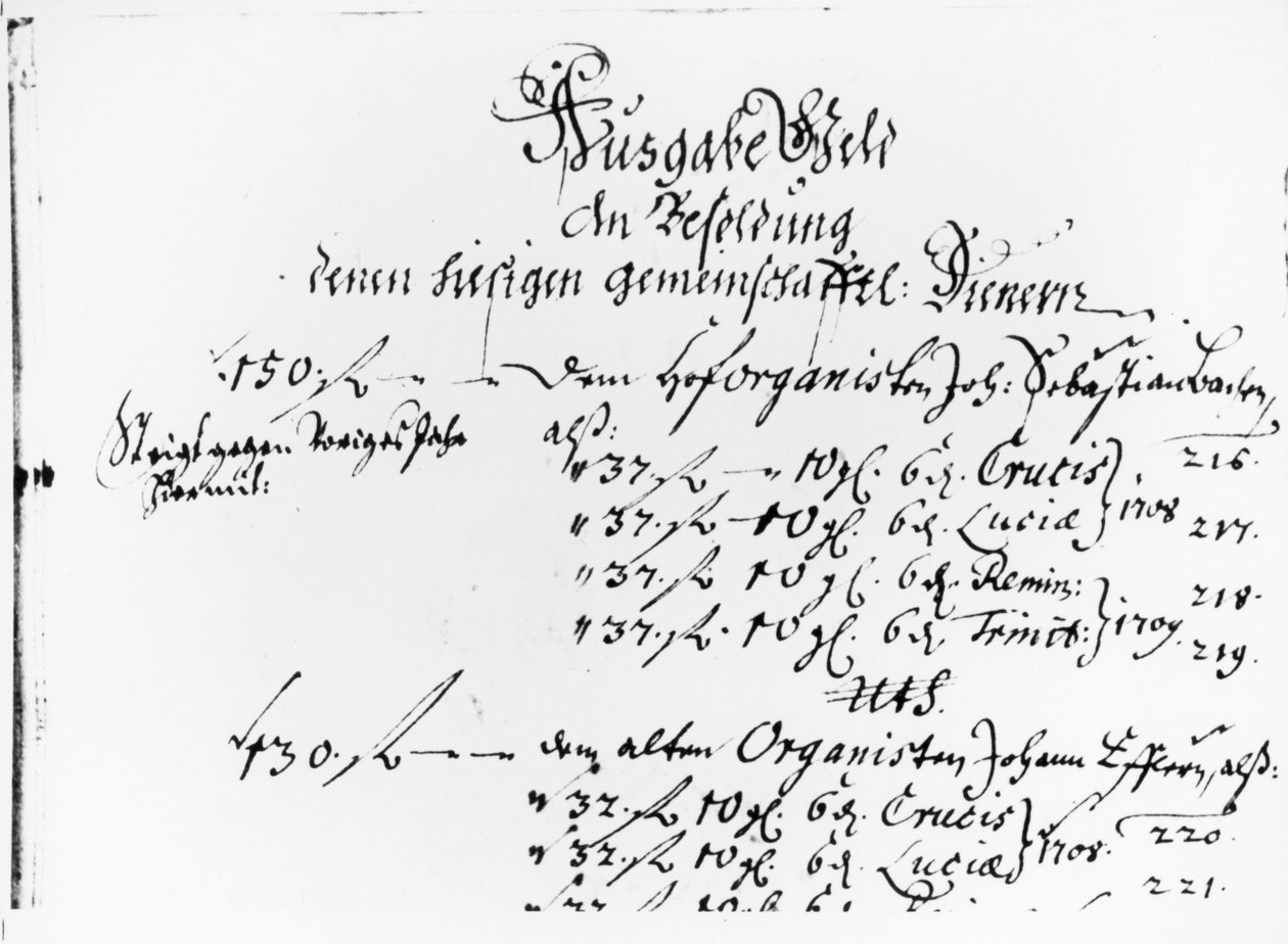 Fragment z J.S. Wypłata pensji Bacha za 1708-09 (pióro na papierze) autorstwa German School