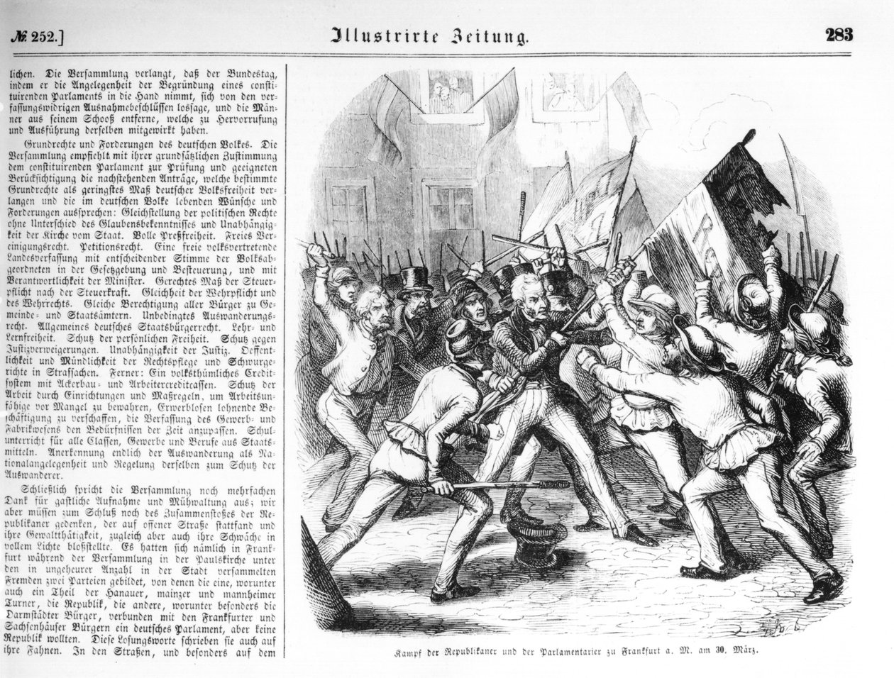 Walka republikanów z parlamentarzystami we Frankfurcie nad Menem 30 marca 1848 r., ilustracja z „Illustrierte Zeitung” autorstwa German School