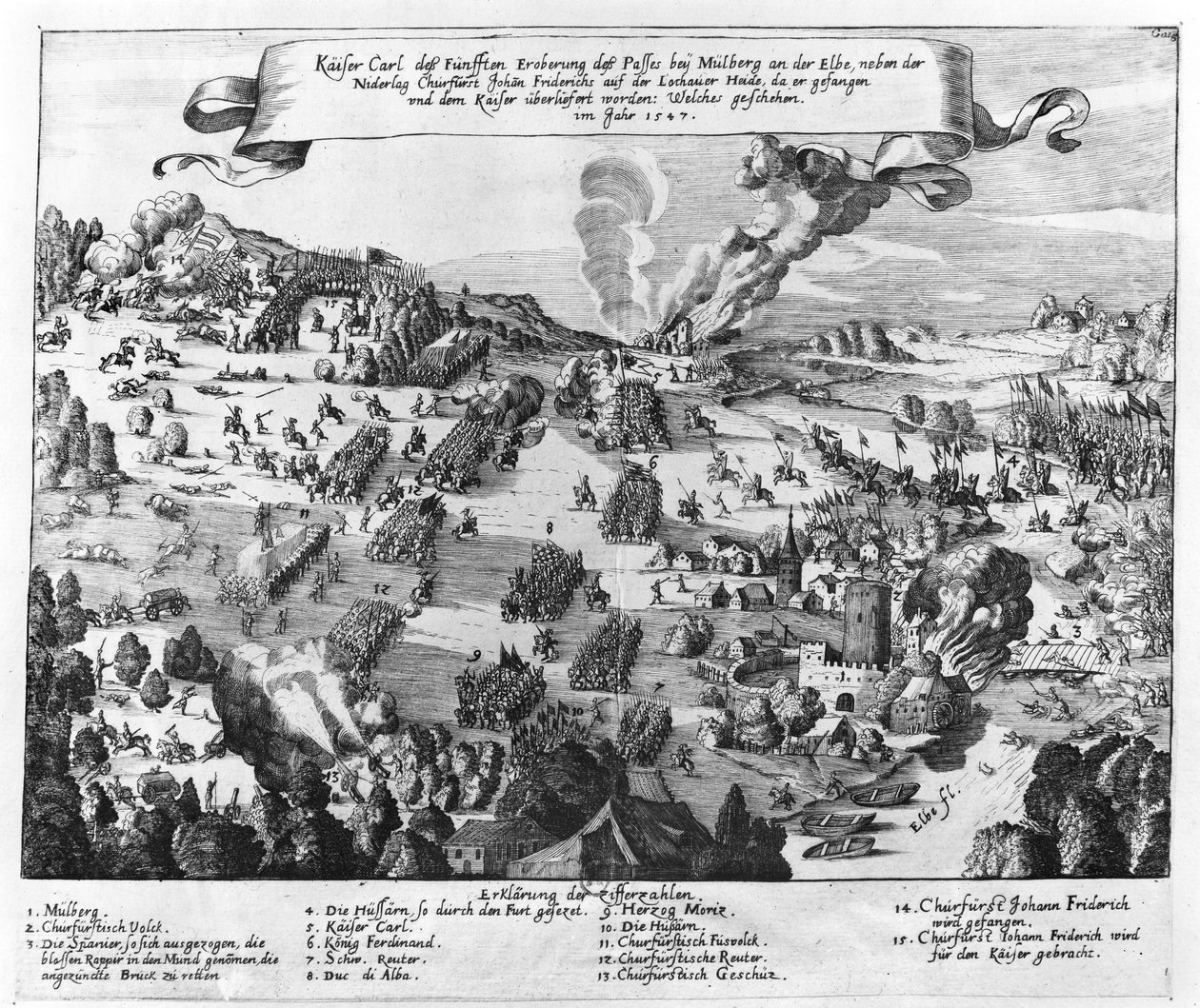 Ogólny widok na bitwę pod Muhlbergiem, 24 kwietnia 1547 r. autorstwa German School