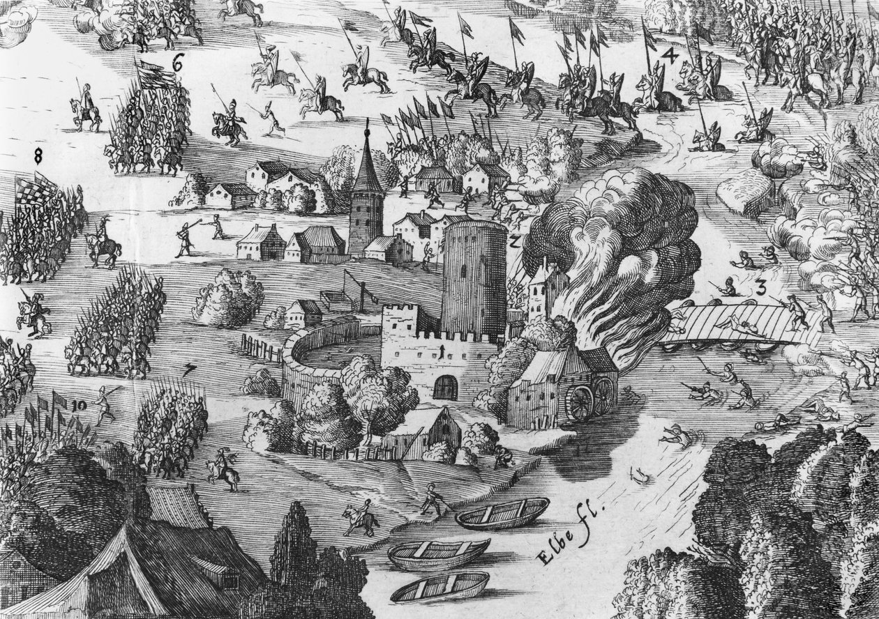 Widok ogólny bitwy pod Muhlberg, szczegół, 24 kwietnia 1547 (patrz też 217805, 217806) autorstwa German School
