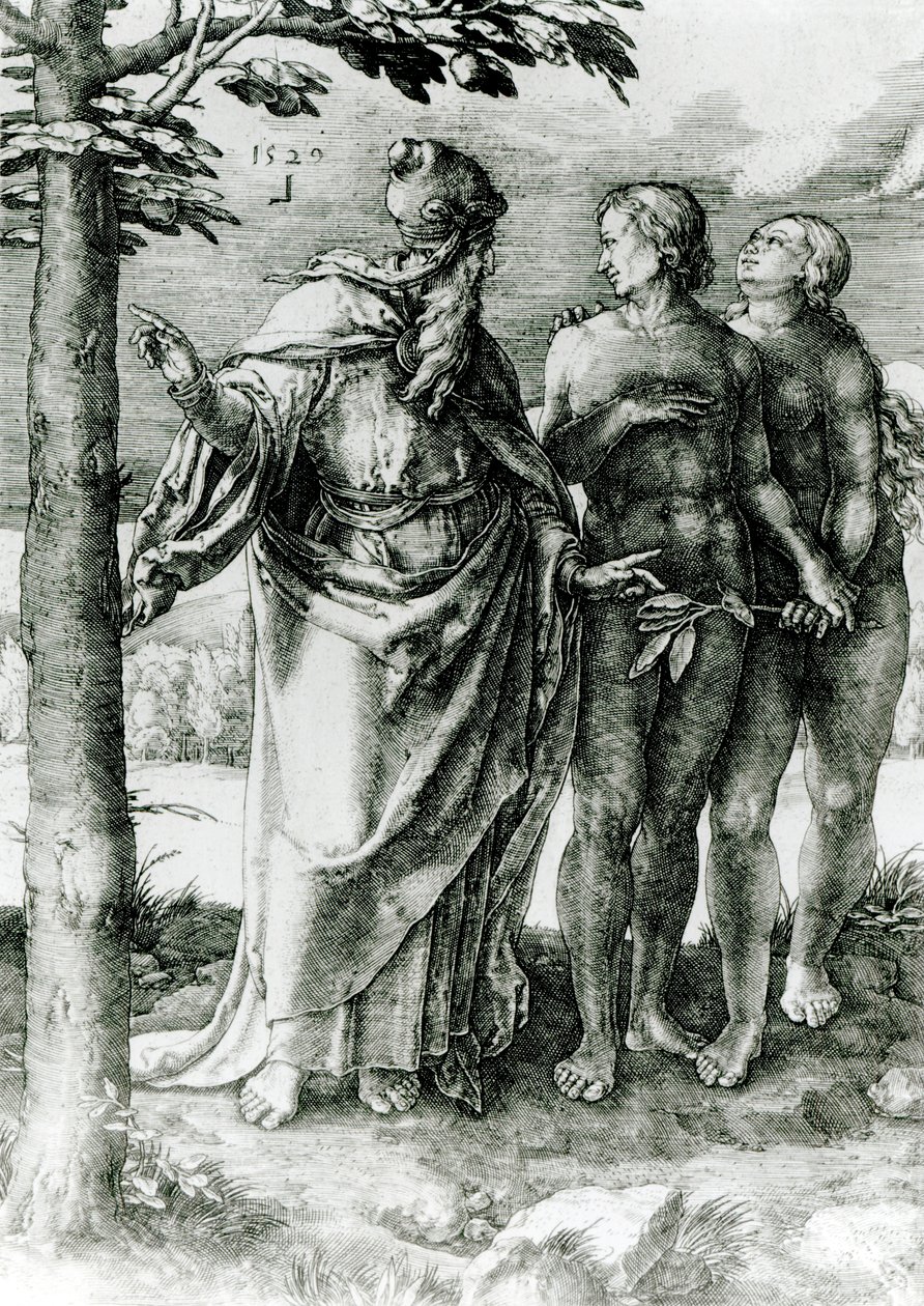 Bóg pokazuje Adamowi i Ewie Drzewo Życia w Ogrodzie Eden, 1529 autorstwa German School