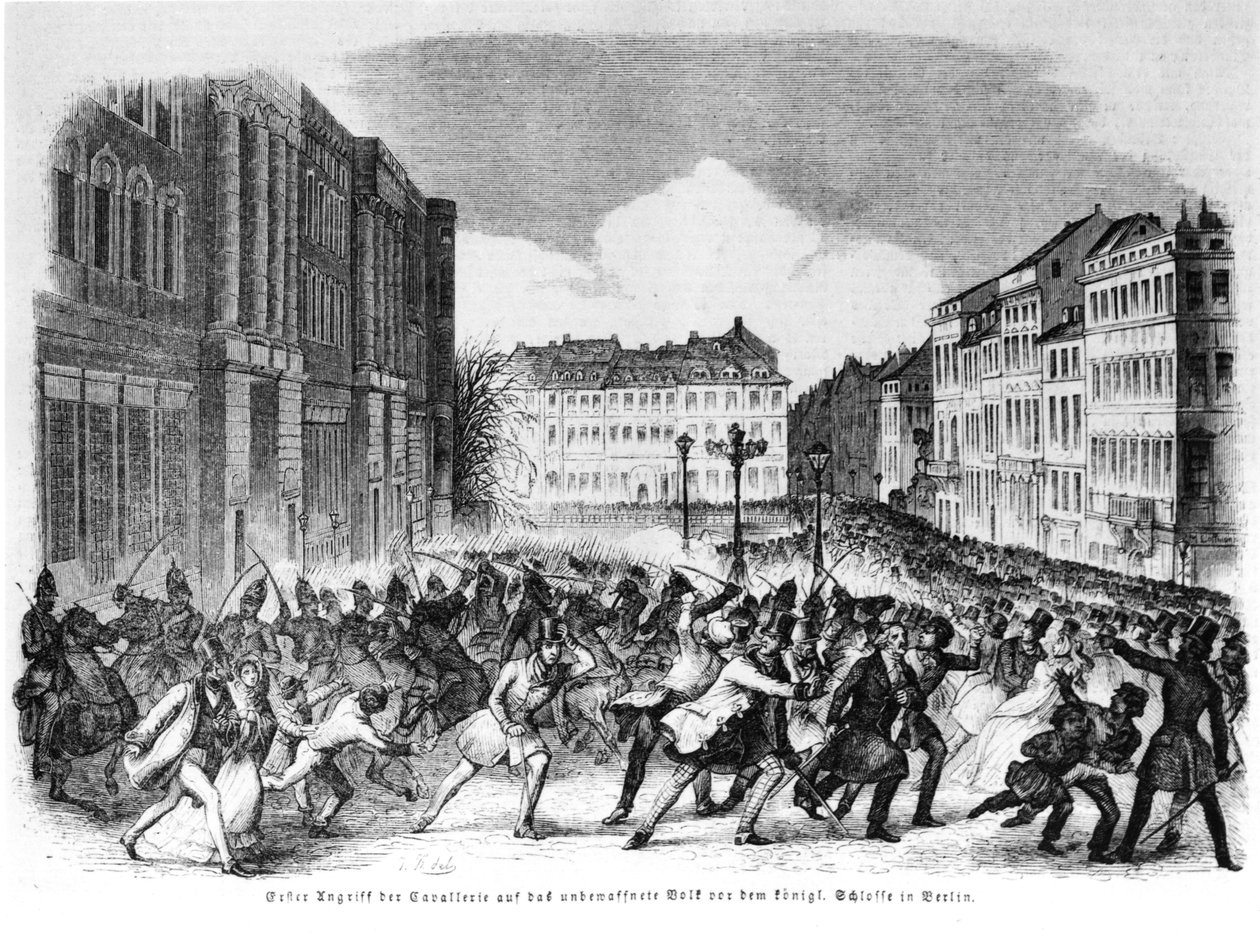 Powstanie w Berlinie w kwietniu 1848 r., ilustracja z „Illustrierte Zeitung” autorstwa German School