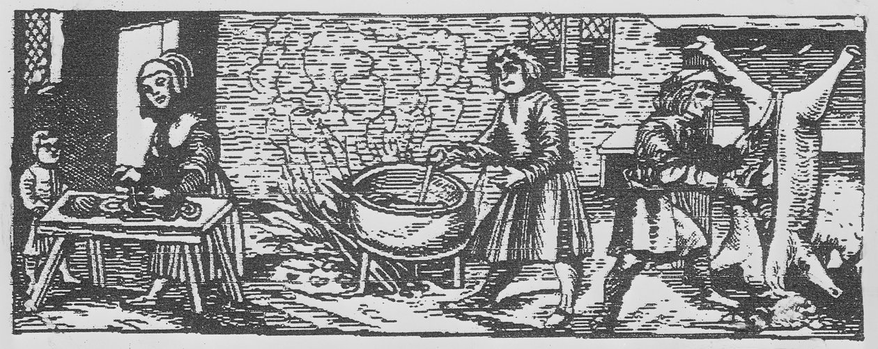 Wnętrze kuchni, z „Calendarium Romanum” Jeana Staefflera, druk. Tubingen, Niemcy, 1518 autorstwa German School