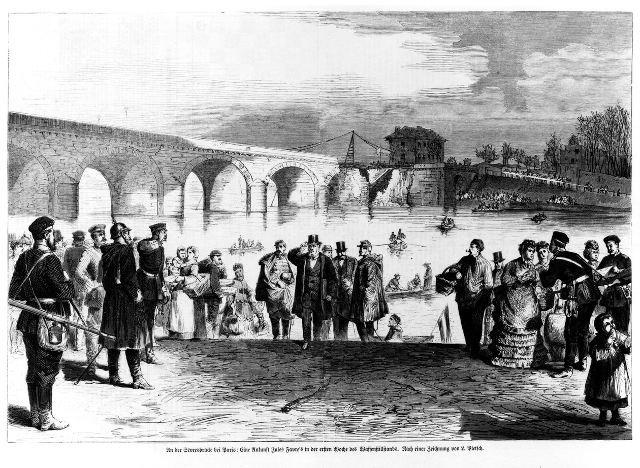 Jules Favre (1809-80) przybywający do Pont de Sevres, ilustracja z „Illustrierte Zeitung”, 1870-71 autorstwa German School