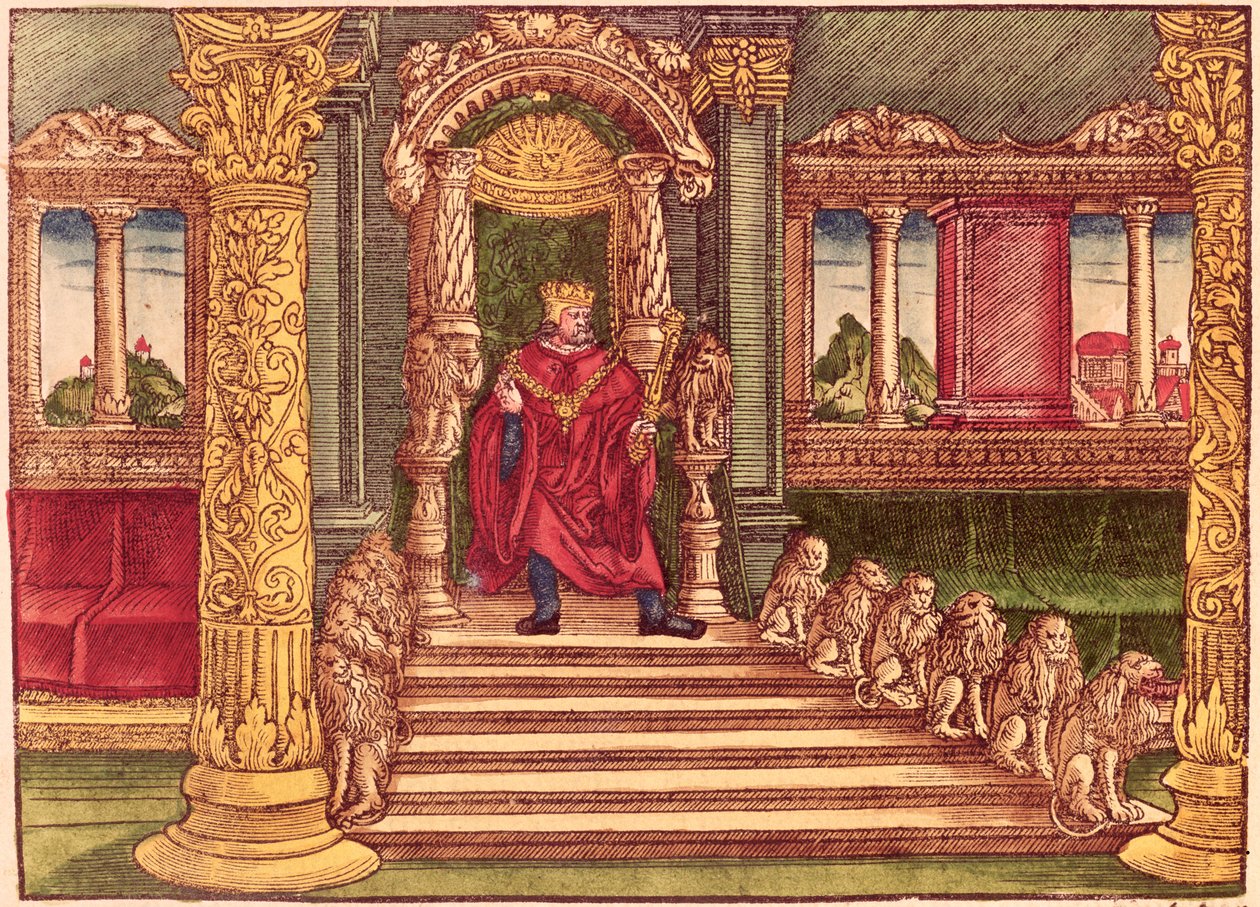 Król Salomon na tronie, wydanie I, z Biblii Lutra, ok. 1530 (kolorowy drzeworyt) autorstwa German School