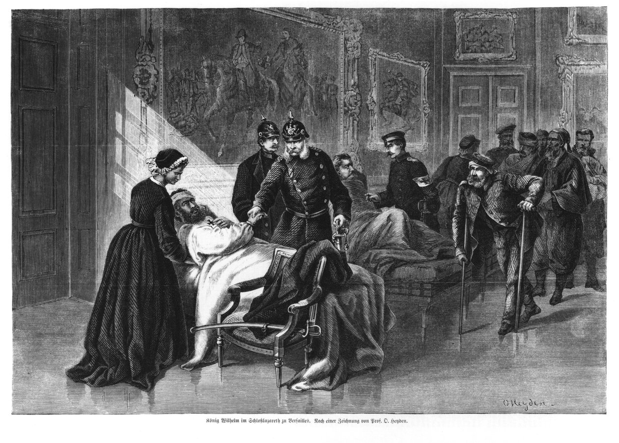 Król Wilhelm I (1797-1888) odwiedzający szpital w Wersalu, ilustracja z „Illustrierte Zeitung” autorstwa German School
