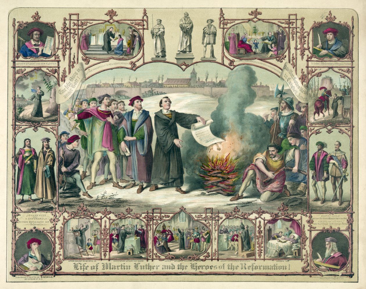 Życie Marcina Lutra i Bohaterowie Reformacji!, wyd. 1874 (litografia kolorowa) autorstwa German School
