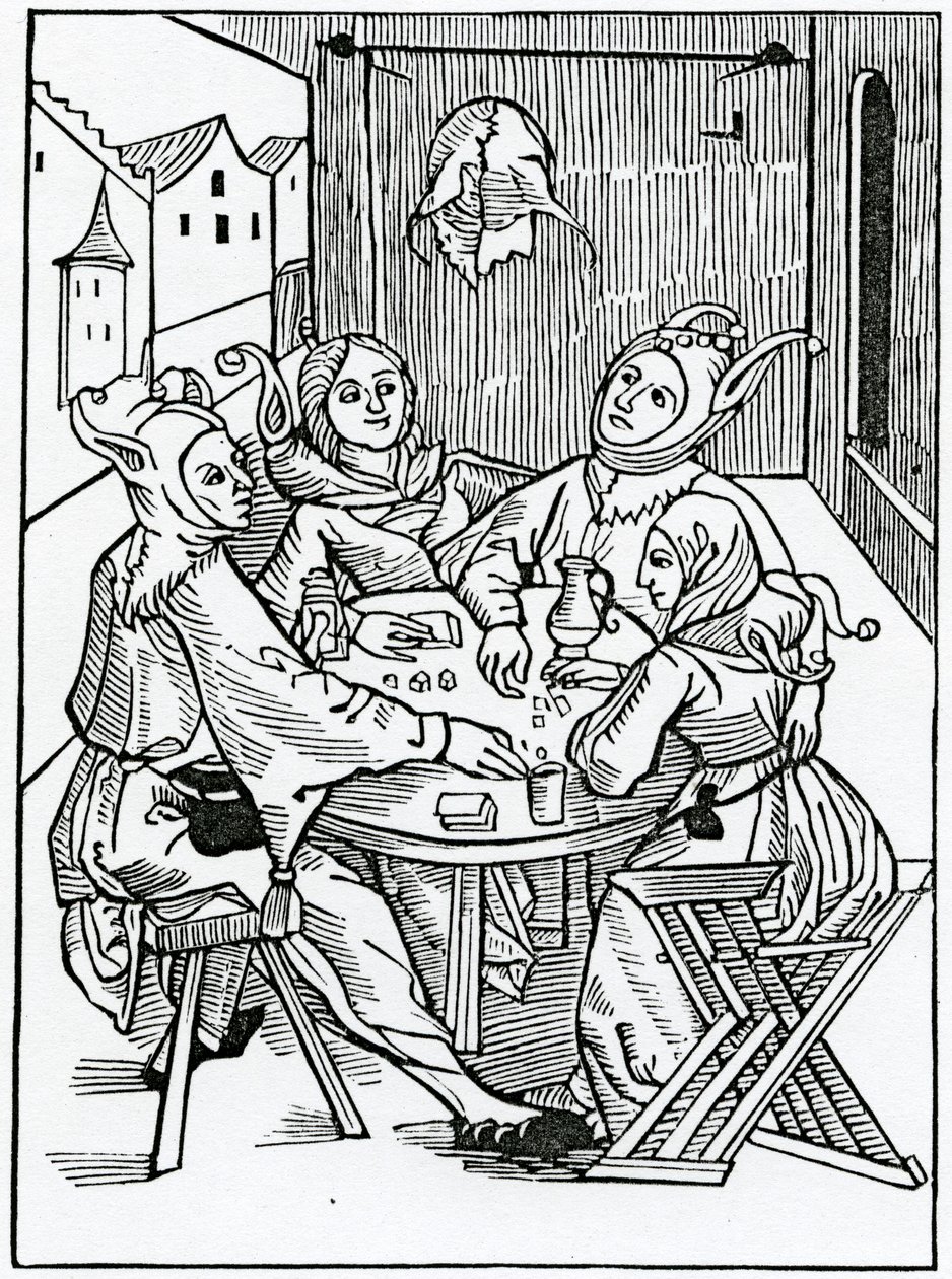 O grających w karty i dysersach, ilustracja z angielskiego przekładu „Statku głupców” Alexandra Barclay