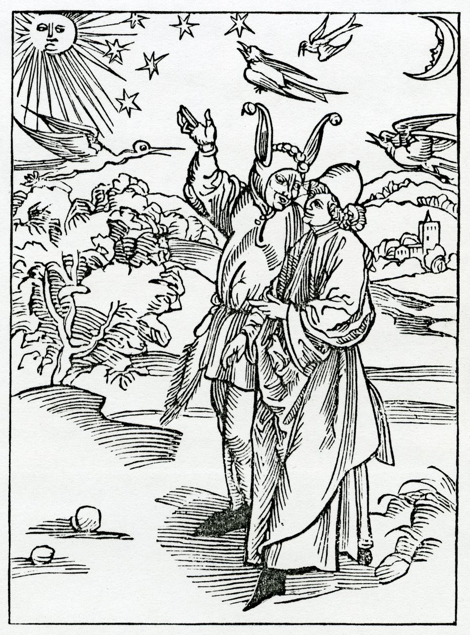 O vayne cure z astronomii, ilustracja z angielskiego przekładu „Statek głupców” Alexandra Barclay