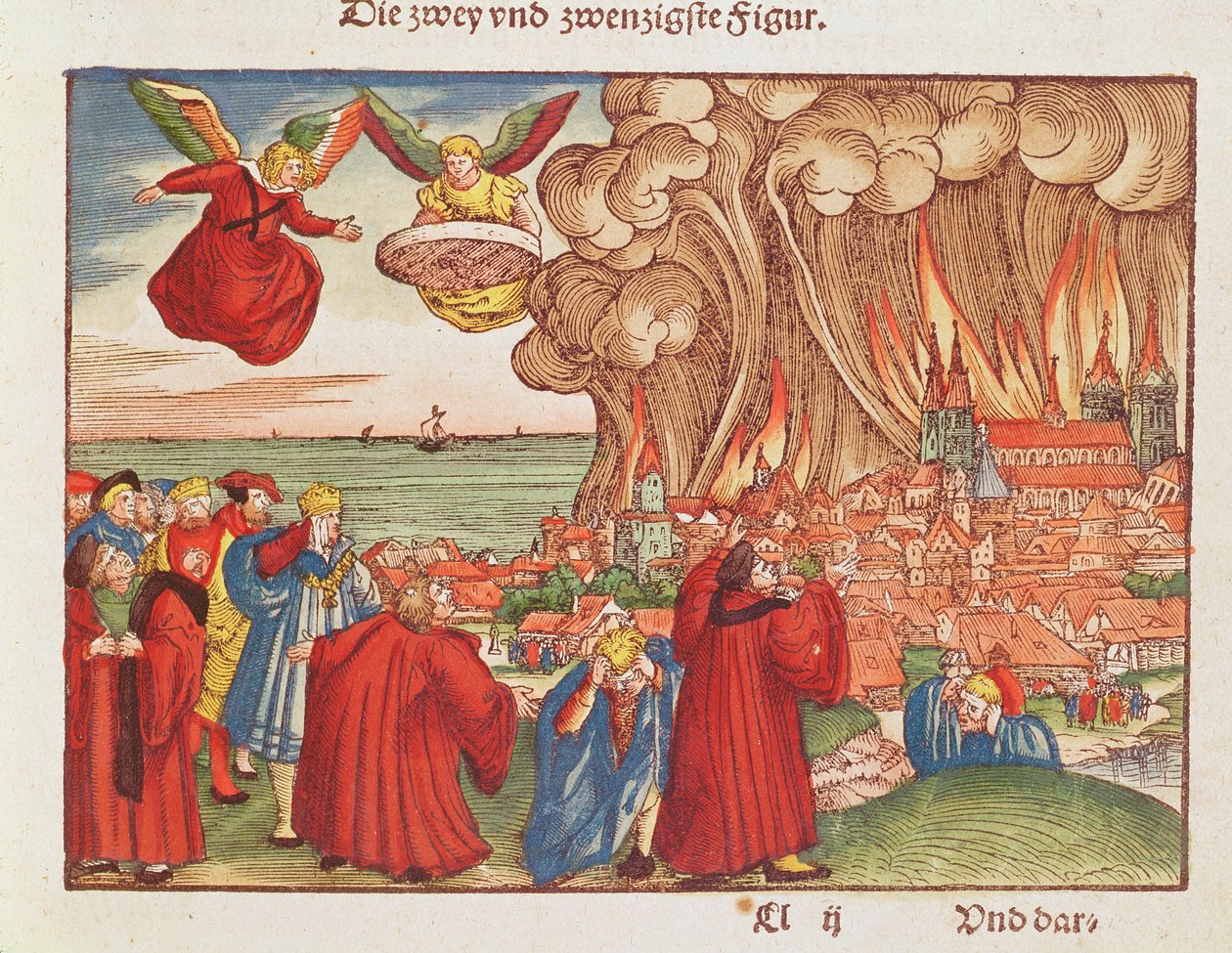 Objawienie 18: Płonący Babilon, wydanie pierwsze, z Biblii Lutra, ok. 1530 r. (drzeworyt kolorowany) autorstwa German School