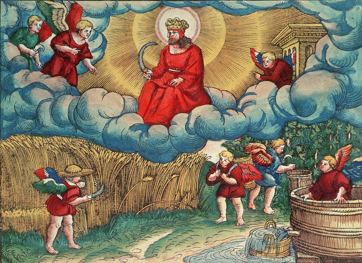 Objawienia 14:14 Żniwiarz, Wizja Armagedonu, z Biblii Lutra, ok. 1530 (kolorowy drzeworyt) autorstwa German School