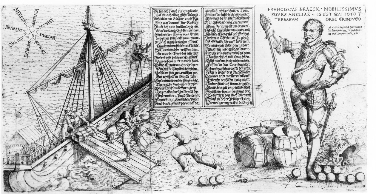 Sir Francis Drake (ok. 1540-1596) obserwuje ładowanie swojego statku autorstwa German School