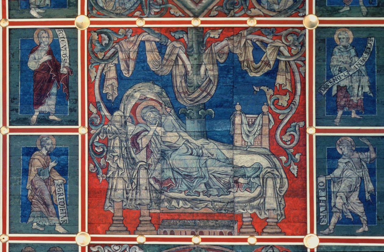Śpiący Jesse, fragment z malowanego sufitu Drzewo Jessego, ok. 1240-50 (tempera na panelu) (zob. także 112353 i 114784) autorstwa German School