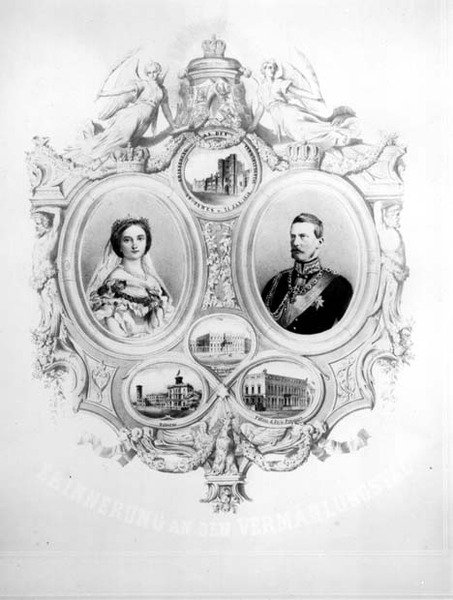 Pamiątka ślubu Wiktorii, księżnej królewskiej (1840-1901) i następcy tronu Fryderyka Wilhelma Pruskiego (1831-88) 25 stycznia 1858 autorstwa German School
