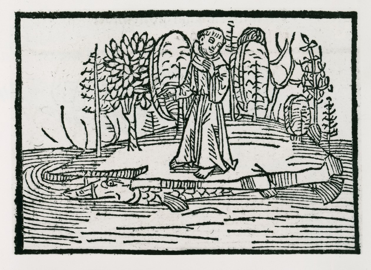 St. Brendan na wyspie rybnej, ilustracja z „Podróży św. Brendana”, 1499 autorstwa German School