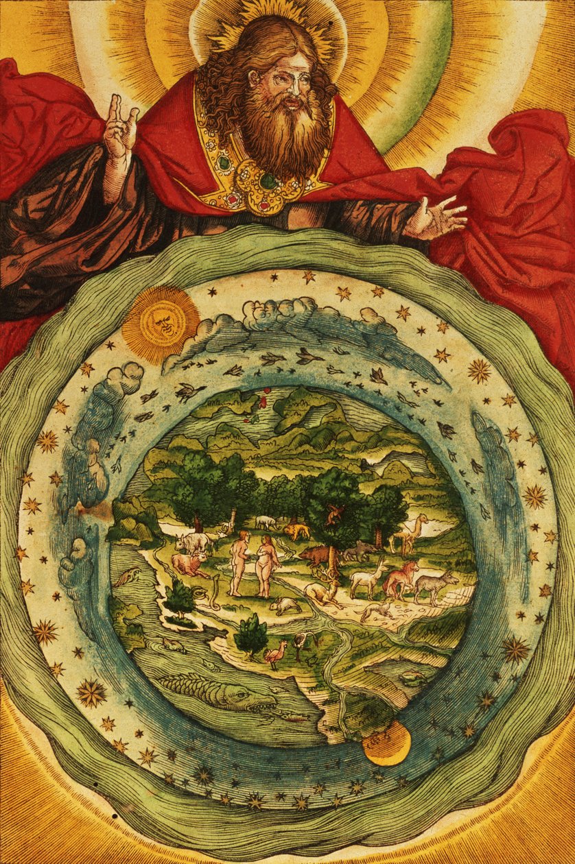 Stworzenie, z Biblii Lutra, ok. 1530 (kolorowy drzeworyt) autorstwa German School
