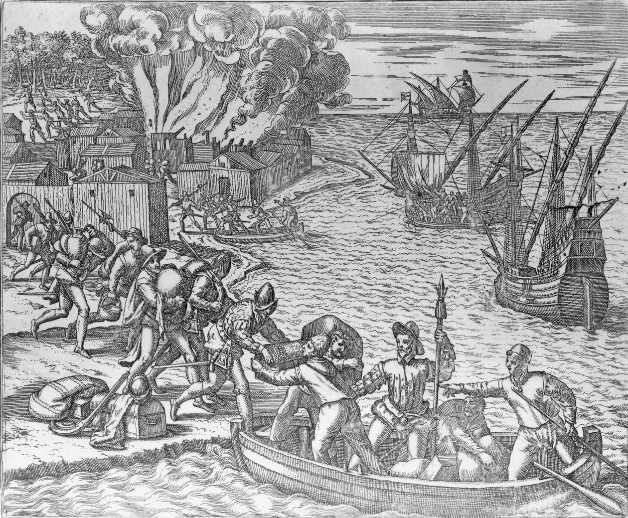 Grabież i podpalanie miasta Chioreram przez flotę francuską, ryty: Theodore de Bry (1528-98) autorstwa German School
