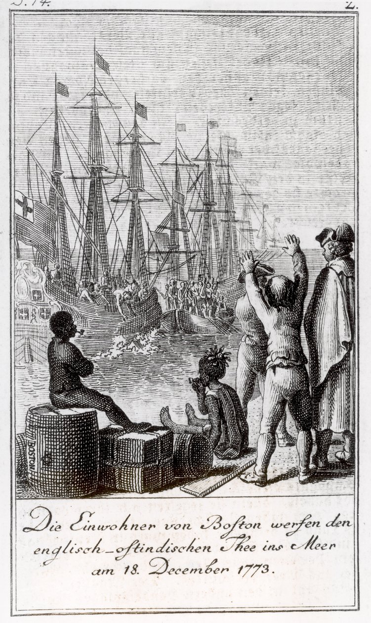 Mieszkańcy Bostonu rzucają angielsko-wschodnioindyjską herbatę do morza, 18 grudnia 1773 r. autorstwa German School