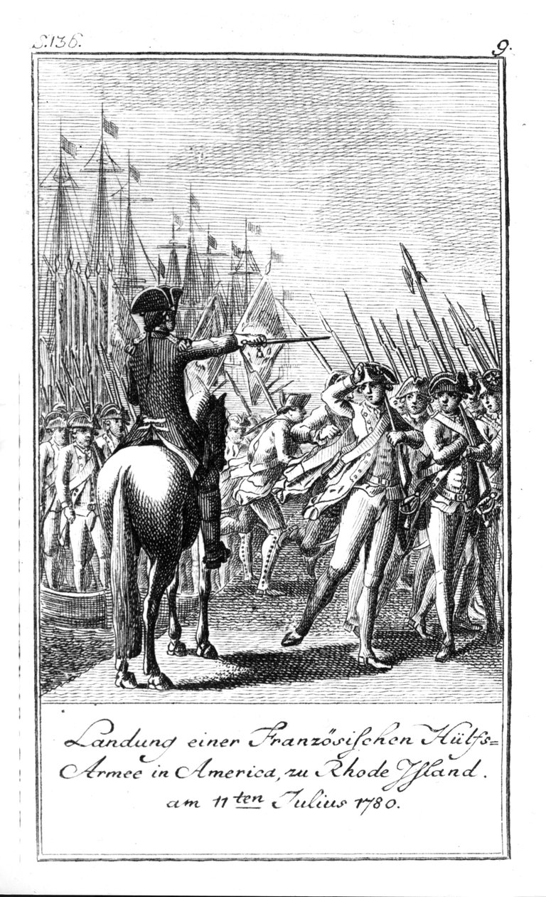 Lądowanie francuskiej armii pomocniczej na Rhode Island w Ameryce, 11 lipca 1780 r autorstwa German School