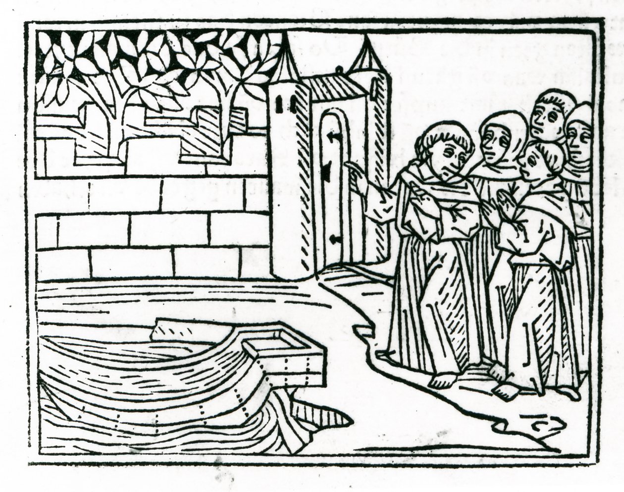 Mnisi wyruszają z Irlandii w poszukiwaniu rajskiej wyspy, ilustracja z „Podróży św. Brendana”, 1499 autorstwa German School