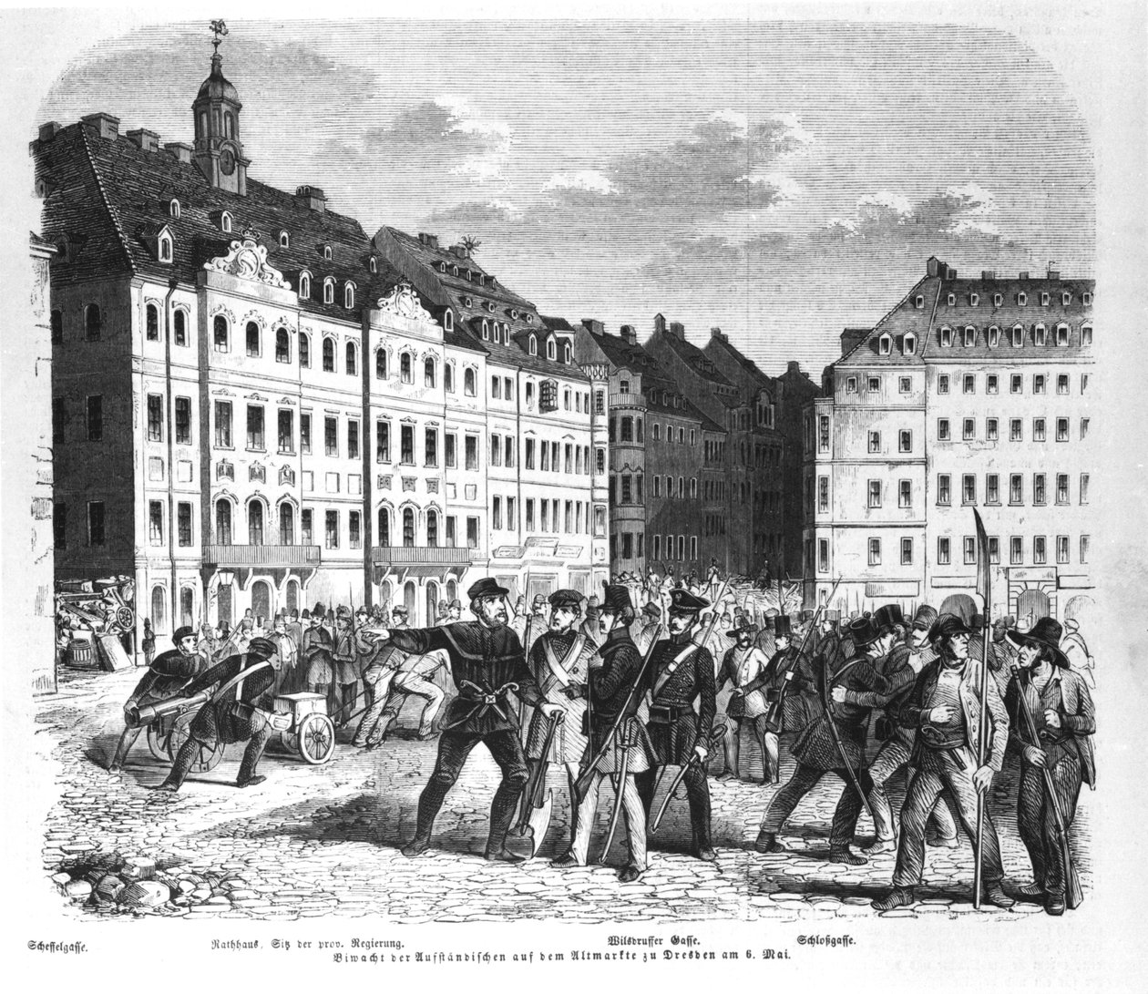 Powstanie w Dreźnie 6 marca 1848, ilustracja z „Illustrierte Zeitung” autorstwa German School