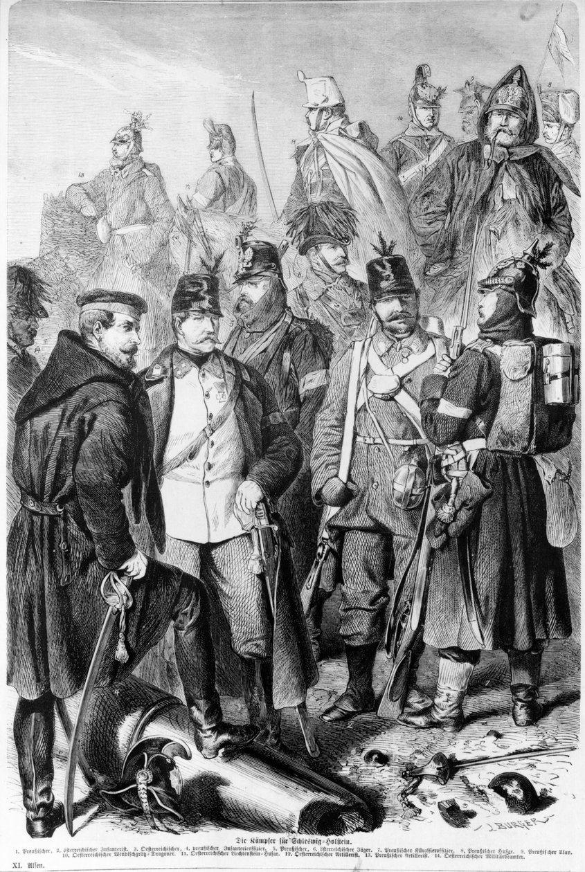 Wojna księstw, żołnierze i oficerowie austriaccy i pruscy walczący o Szlezwik-Holsztyn, 1864, wyd. Lipsk autorstwa German School